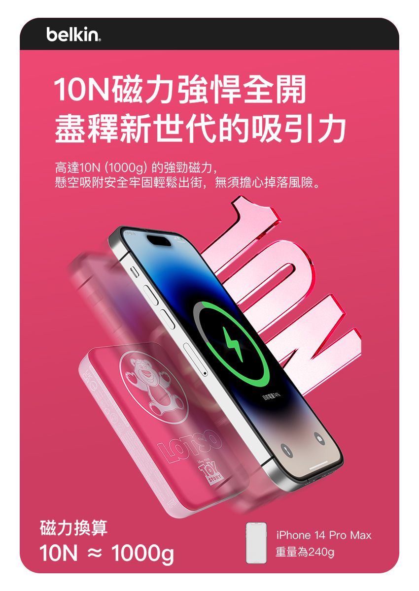 belkin10N磁力強悍全開盡釋新世代的吸引力高達10N(1000g)的強勁磁力,懸空吸附安全牢固輕鬆出街,無須擔心掉落風險。磁力換算10N  1000giPhone 14 Pro Max重量為240g