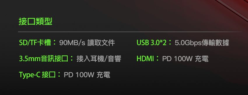 接口類型SD/TF卡槽:90MB/s 讀取文件3.5mm音訊接口:接入耳機/音響Type-C 接口:PD 100W 充電USB 3.0*2:5.0Gbps傳輸數據HDMI:PD 100W 充電