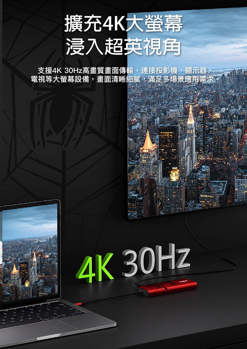 擴充4K大螢幕浸入超英視角支援4K 30Hz高畫質畫面傳輸,連接投影機、顯示器電視等大螢幕設備,畫面清晰細膩,滿足多場景應用需求4K 30Hz