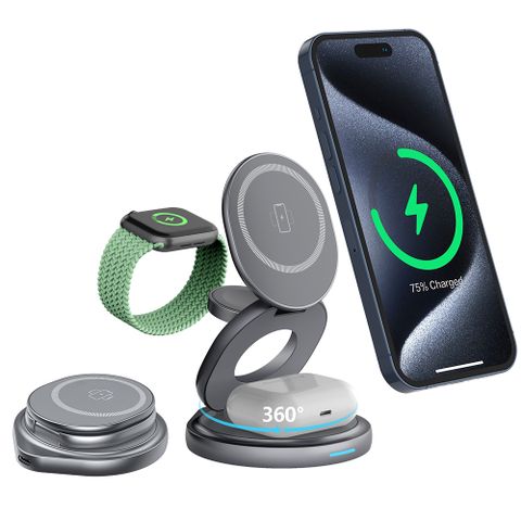 【UKKO旅行/居家通用】MagSafe三摺式 手機+Apple Watch+耳機 磁吸三充盤_360°旋轉底座/可調角度