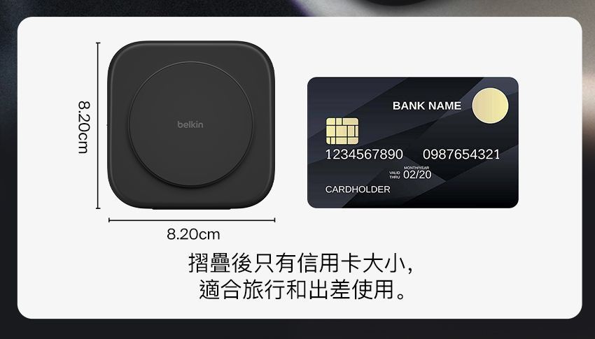 8.20cmbelkinBANK NAME1234567890CARDHOLDER0987654321 02/208.20cm摺疊後只有信用卡大小,適合旅行和出差使用。