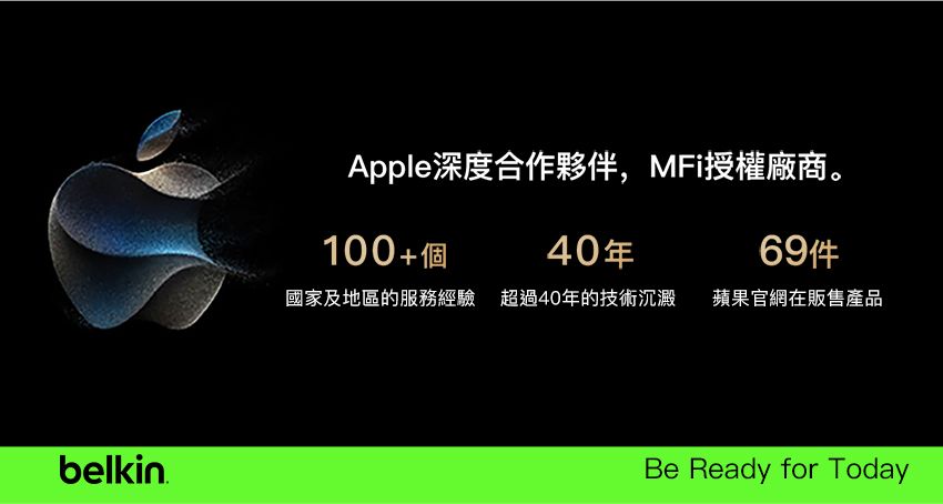 belkinApple深度合作夥伴,MFi授權廠商。100+個40年國家及地區的服務經驗 超過40年的技術沉澱蘋果官網在販售產品Be Ready for Today