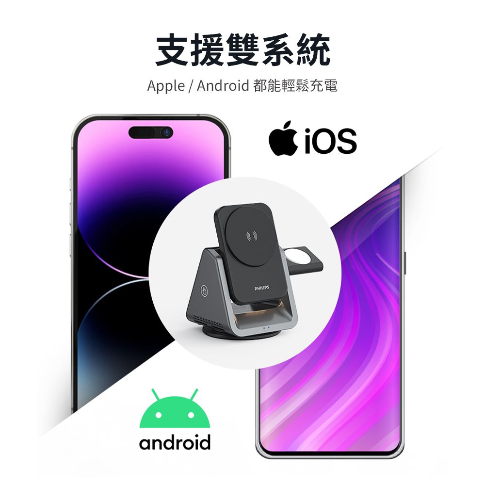PHILIPS 飛利浦   黑金剛磁吸三合一磁吸充電座+口袋行動電源(4色任選)超值組 DLK3540Q+DLP2550