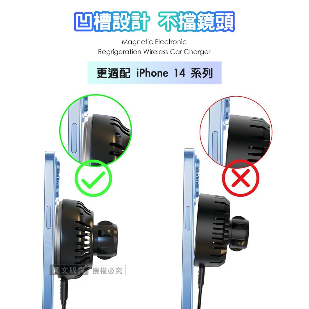 凹槽設計不擋鏡頭Magnetic ElectronicRegrigeration Wireless Car Charger更 iPhone 14 系列圖文版權侵權必究|