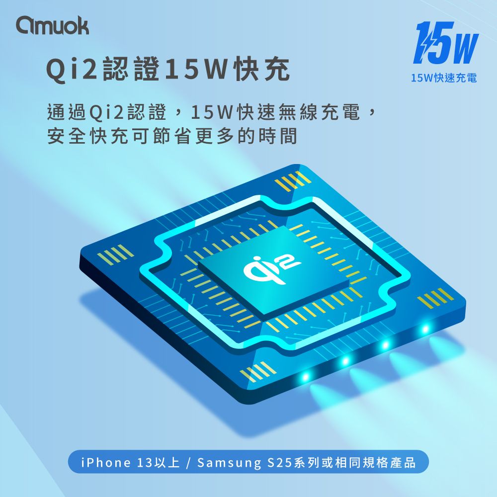 Qi2認證15W快充通過Qi2認證,15W快速無線充電,安全快充可節省更多的時間15w15W快速充電iPhone 13以上/ Samsung S25系列或相同規格產品