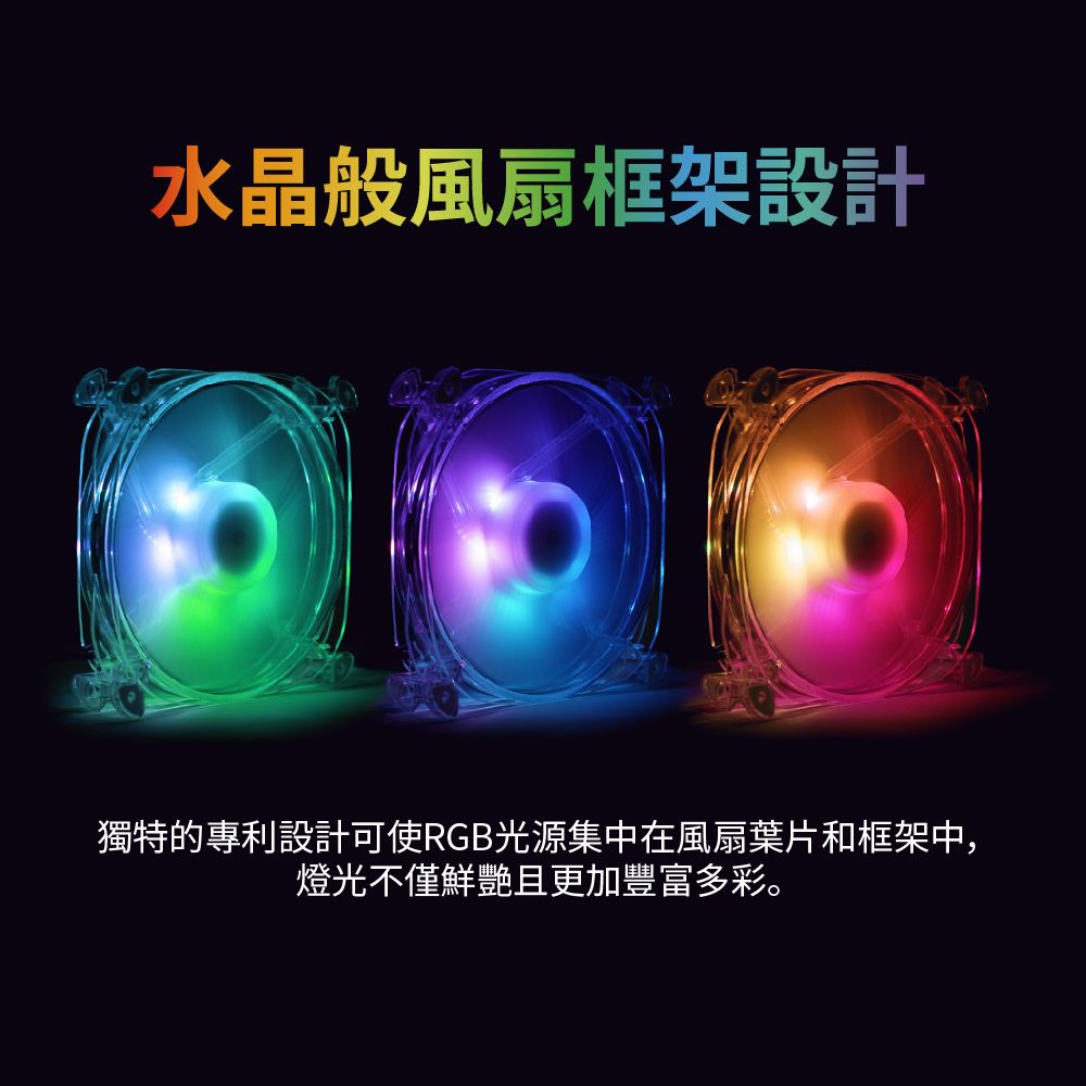 水晶般風扇框架設計獨特的專利設計可使RGB光源集中在風扇葉片和框架中,燈光不僅鮮艷且更加豐富多彩。