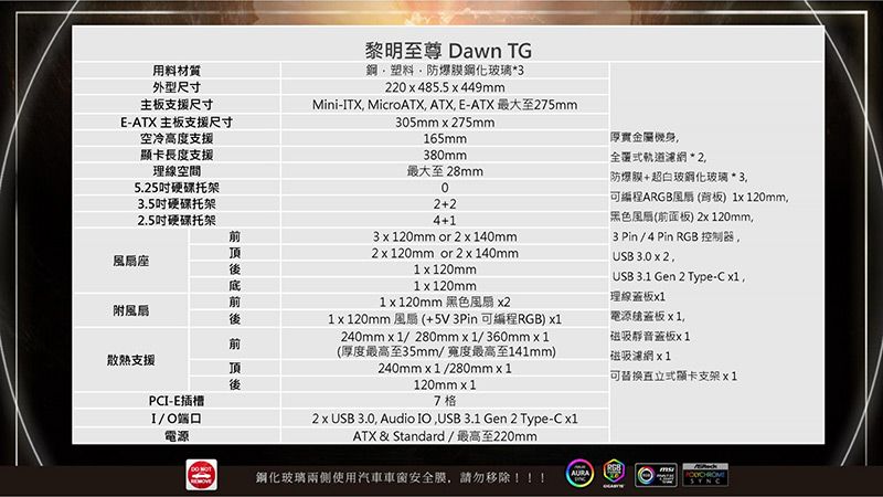 用料材質外型尺寸主板支援尺寸E-ATX主板支援尺寸空冷高度支援顯卡長度支援理線空間525硬碟托架35硬碟托架2.5硬碟托架座附風扇散熱支援PCI-E插槽I/O端口電源底 頂黎明至尊 Dawn TG塑料防爆膜鋼化玻璃*322485.5449mmMini-ITX MicroATX ATXE-ATX最大至275mm305mm275mm165mm380mm.最大至 28mm02+24+13  120mm or 2  140mm2 x 120mm or 2 x 140mm1 x 120mm120mm1 x 120mm 黑色風扇 x2120mm 風 (+5V3Pin RGB) x1240mmx1/280mmx1/360mm x 1(厚度最高至35mm/最高至141mm)240mmx1/280mmx1120mm x 17 格2 x USB 3.0 Audio IOUSB 3.1 Gen 2 Type-C x1ATX &amp; Standard / 最高至220mm厚實金屬機身全覆式軌道濾網 * 2,防爆膜+超白玻鋼化玻璃 * 3.可編程ARGB風扇 () 1x120mm,黑色風扇(前面板) 2x 120mm,3 Pin / 4 Pin RGB 控制器,USB 3.0 x 2,USB 3.1 Gen 2 Type-C x1,理線x1電源蓋板x1,磁吸靜音蓋板x1磁吸濾網 x1可式顯卡支架x1 鋼化玻璃兩側使用汽車車窗安全膜,請勿移除!!!SYNC