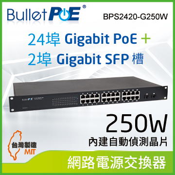 BulletPoE 24埠 Gigabit PoE +2埠 1000M SFP Slots Switch 總功率250W 網路供電交換器 (BPS2420-G250W)