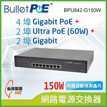 BulletPoE 8埠 Gigabit 60W Ultra PoE+2 埠 1000M Uplink Switch 總功率150W 網路供電交換器 (BPU842-G150W)