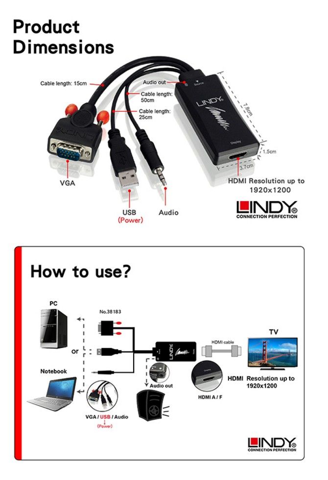 LINDY 林帝VGA +音源to HDMI 1080P 轉接器(38183) - PChome 24h購物