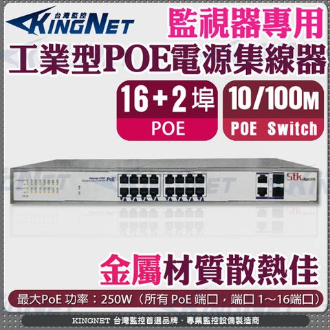 【帝網KingNet】監視器 乙太網路交換器 PoE Switch 網路供電換器 18埠 16+2埠 PoE網路交換機 集線器 小巧精緻的外觀設計 無風扇設計