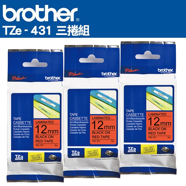 BROTHER 兄弟牌  TZe-431 護貝標籤帶 ( 12mm 紅底黑字 )-3卷/組