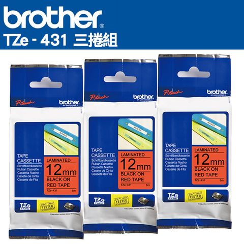 BROTHER 兄弟牌 TZe-431 護貝標籤帶 ( 12mm 紅底黑字 )-3卷/組