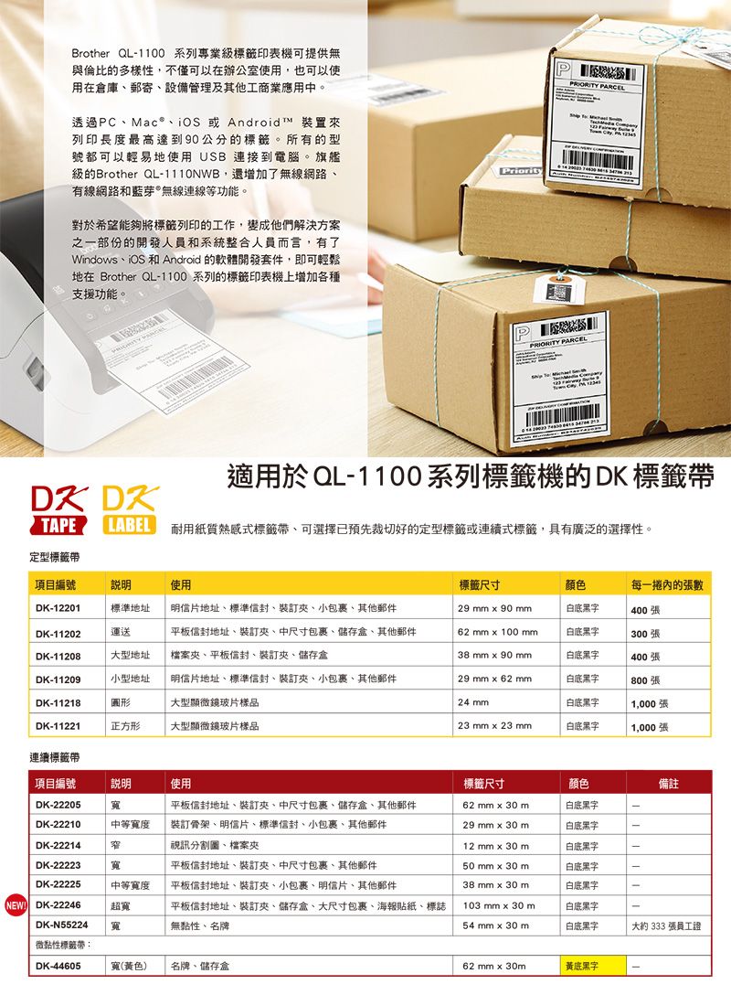 Brother QL1100 系列專業級標籤印表機可提供無與倫比的多樣性,不僅可以在辦公室使用,也可以使用在倉庫郵寄設備管理及其他工商業應用中。透過CMaciOS 或Android™ 裝置來列印長度最高達到90公分的標籤。所有的型號都可以輕易地使用USB連接到電腦。旗艦級的Brother QL-1110NWB,還增加了無線網路有線網路和藍芽無線連線等功能。對於希望能夠將標籤列印的工作,變成他們解決方案之一部份的開發人員和系統整合人員而言,有了WindowsiOS 和Android 的軟體開發套件,即可輕鬆地在 Brother QL-1100 系列的標籤印表機上增加各種支援功能。Priority PARCEL  P 14   PARCELTAPE 適用於 QL-1100系列標籤機的DK 標籤帶 耐用紙質熱感式標籤帶可選擇已預先裁切好的定型標籤或連續式標籤,具有廣泛的選擇性。定型標籤帶項目編號說明使用標籤尺寸顏色每一捲內的張數DK-12201標準地址DK-11202運送明信片地址標準信封裝訂夾、小包裹、其他郵件平板信封地址、裝訂夾、中尺寸包裹、儲存盒、其他郵件29mm90mm白底400張62 mm  100 mm白底300張DK-11208地址檔案夾、平板信封、裝訂夾、儲存盒 38mm90mm白底400張DK-11209小型地址明信片地址、標準信封、裝訂夾、小包裹、其他郵件29 mm  62 mm白底黑字800張DK-11218圖形大型顯微鏡玻片樣品24 mm白底黑字1,000張DK-11221正方形大型顯微鏡玻片樣品23 mm  23 mm白底黑字1,000張連續標籤帶項目編號說明使用標籤尺寸顏色備註DK-22205DK-22210中等度平板信封地址、裝訂夾、中尺寸包裹、儲存盒、其他郵件裝訂骨架、明信片、標準信封、小包裹、其他郵件62 mm  30 m白底黑字DK-22214視訊分割圖、檔案夾DK-22223平板信封地址、裝訂夾、中尺寸包裹、其他郵件29 mm  30 m12 mm  30 m50 mm x 30 m白底黑字-白底黑字-白底黑字DK-22225中等寬度平板信封地址、裝訂夾、小包裹、明信片、其他郵件38 mm x 30 m白底黑字NEW DK-22246超寬DK-N55224寬平板信封地址、裝訂夾、儲存盒、大尺寸包裹、海報貼紙、標誌無黏性、名牌103 mm x 30 m白底黑字-54 mm x 30 m白底黑字大約 333 張員工證微黏性標籤帶:DK-44605寬(黃色)名牌、儲存盒62 mm x 30m黃底黑字