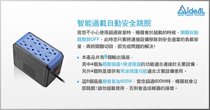 POWER SYSTEMS智能過載自動安全跳脫若您不小心使用超過容量時,機器會於超載的時候,開關自動跳脫到OFF,此時您只要將連接設備移除到安全適當的負載容量,再將開關切回,即完成問題的解決!產品共有8個輸出插座,其中4個為穩壓保護+突波保護的功能適合連接於主要設備,另外4個則是提供有突波保護功能適合次要設備使用。8個插座總容量為600W,當您超過600W時,機器就會立即跳脫!請勿超載使用,否則會造成機器的損壞。