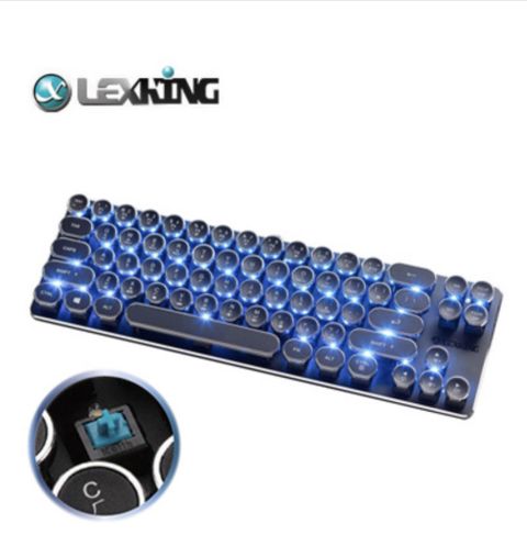 **高特藍軸,限量特仕版**Lexking 迷你機械式 復古式 打字機 USB 68鍵 有線鍵盤 (青軸/藍光/黑色/中文版)