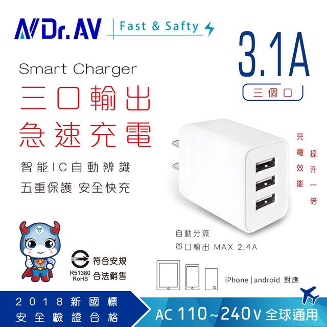 Dr.AV 聖岡科技 外型迷你輕巧出國旅遊外出最方便 【N 】USB-533 3.1A USB三孔極速充電器充電頭