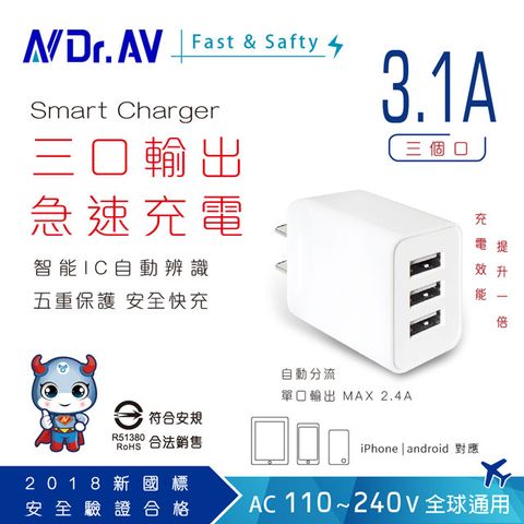 Dr.AV 聖岡科技 外型迷你輕巧出國旅遊外出最方便 【N 】USB-533 3.1A USB三孔極速充電器充電頭