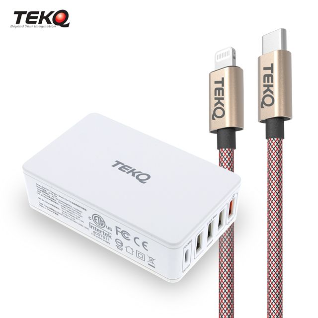 TEKQ 快充組合 5孔 Type-C USB 63W PD QC3.0 快充充電器+ 蘋果MFi 快充傳輸線120cm(快充組合)