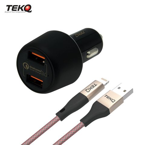 TEKQ 快充車充組 2孔 USB 36W QC3.0 快充車充+ 蘋果MFi 傳輸線120cm(快充組合)