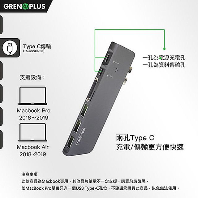 Grenoplus USB 3.0 Type-C 八合一多功能Macbook Hub 集線器