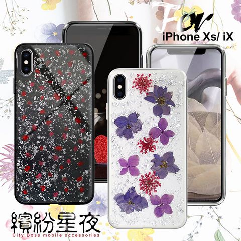 CITY BOSS CITYBOSS for iPhone Xs/ iPhone X 繽紛星夜全包防滑保護殼-銀箔飛燕 碎紅 兩款任選