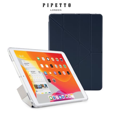 PU 英國Pipetto Luxe Origami iPad 10.2吋 多角度摺疊保護套-深海藍/透明背蓋