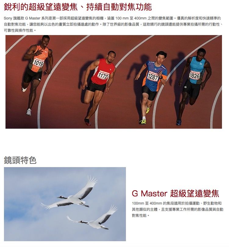 銳利的超級變焦、持續自動對焦功能Sony 旗艦款 G Master 系列是第一部採用超級望遠變焦的相機,涵蓋100 mm 至400mm之間的變焦範圍。優異的解析度和快速精準的自動對焦功能,讓您能夠以出色的畫質立即拍攝遠處的動作。除了世界級的影像品質,這款精巧的鏡頭還能提供專業拍攝所需的行動性、可靠性與操作性能。1826128711721019鏡頭特色G Master 超級望遠變焦100mm 至400mm 的焦段適用於拍攝運動、野生動物和其他類似的主體,且支援專業工作所需的影像品質與自動對焦性能。