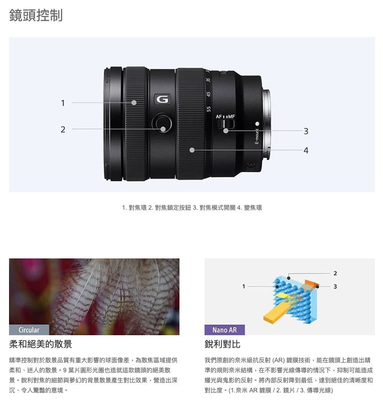 鏡頭控制21G55341. 對焦環 2. 對焦鎖定按鈕3.對焦模式開關4.變焦環213Circular柔和絕美的散景精準控制對於散景品質有重大影響的球面像差,為散焦區域提供柔和、迷人的散景。9葉片圓形光圈也造就這款鏡頭的絕美散景。銳利對焦的細節與夢幻的背景散景產生對比效果,營造出深沉、令人驚豔的意境。Nano AR銳利對比我們原創的奈米級抗反射(AR)鍍膜技術,能在鏡頭上創造出精準的規則奈米結構,在不影響光線傳導的情況下,抑制可能造成耀光與鬼影的反射。將內部反射降到最低,達到絕佳的清晰度和對比度。(1.奈米AR鍍膜/2. / 3. 傳導光線)