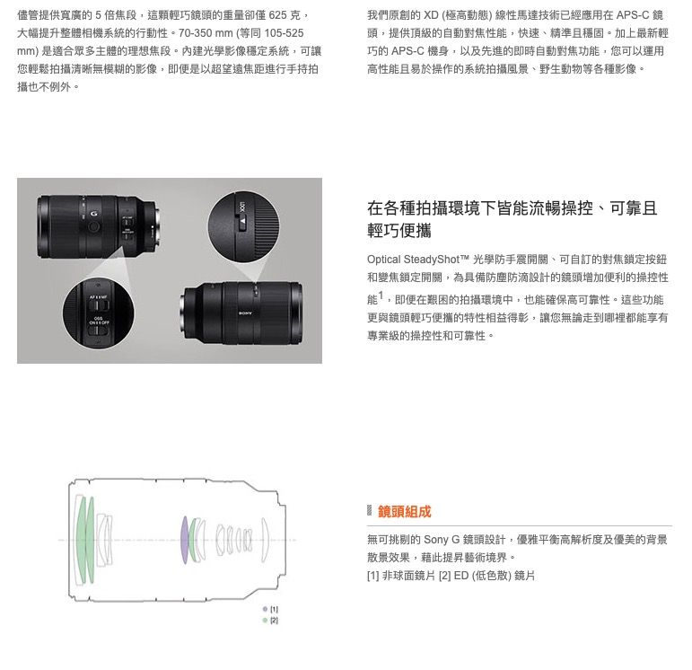 儘管提供寬廣的5倍焦段這顆輕巧頭的重量卻僅625克,大幅提升整體相機系統的行動性。70-350mm (等同 05-525mm) 是適合眾多主體的理想焦段。內建光學影像穩定系統,可讓您輕鬆拍攝清晰無模糊的影像,即便是以超望遠焦距進行手持拍攝也不例外。我們原創的 XD (極高動態)線性馬達技術已經應用在APS-C 鏡頭,提供頂級的自動對焦性能,快速、精準且穩固。加上最新輕巧的 APS-C 機身,以及先進的即時自動對焦功能,您可以運用高性能且易於操作的系統拍攝風景、野生動物等各種影像。  1在各種拍攝環境下皆能流暢操控、可靠且輕巧便攜Optical SteadyShot™ 光學防手震開關、可自訂的對焦鎖定按鈕和變焦鎖定開關,為具備防塵防滴設計的鏡頭增加便利的操控性能1,即便在艱困的拍攝環境中,也能確保高可靠性。這些功能更與鏡頭輕巧便攜的特性相益得彰,讓您無論走到哪裡都能享有專業級的操控性和可靠性。鏡頭組成無可挑剔的 Sony G 鏡頭設計,優雅平衡高解析度及優美的背景散景效果,藉此提昇藝術境界。[1] 非球面鏡片 [2] ED (低色散) 鏡片