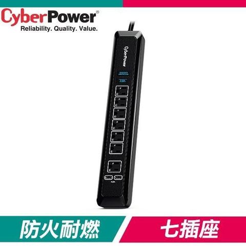【南紡購物中心】 CyberPower 防突波 7 插座 2 USB 4.8A 充電延長線(HT0718UA0-TW)