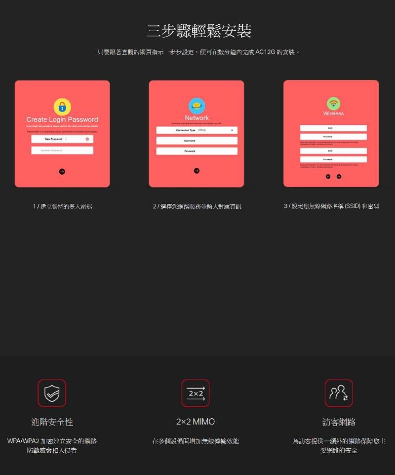 三步驟輕鬆只跟否直的網頁指示 步步設定,完成 AC2G 的安裝Create Login PasswordNetworkWireless1的登入2/選擇服務人對應資訊3/設定您無線網路名稱(SSID)密碼22網路進階安全性22 MIMOWPA/WPA2 建立安全的網路防範威脅和入侵者多個設備間增加無線效能為訪客提供一額外的網路保障您要網路的安全