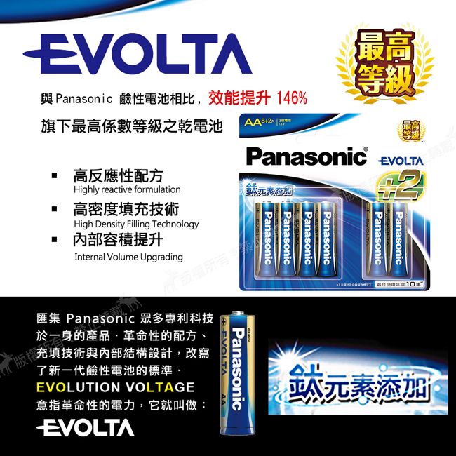 EVOLTA Panasonic 鹼性電池相比效能提升146%旗下最高係數等級之乾電池AA8+  高反應性配方Highly reactive formulation 高密度填充技術High Density Filling Technology內部容積提升Internal Volume Upgrading最高等級Panasonic EVOLTA元素添加PanasonicPanasonicAA匯集 Panasonic 眾多專利科技於一身的產品,革命性的配方、版充填技術與內部結構設計,改寫了新一代鹼性電池的標準EVOLUTION VOLTAGE意指革命性的電力,它就叫做:EVOLTA元素添加