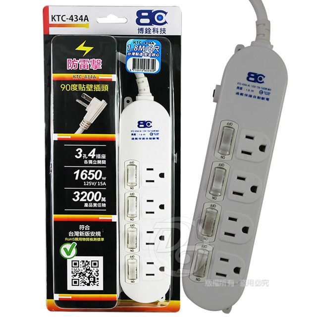 Amples 新安規 3孔4座4切過載斷電1.8M安全延長線 KTC-434A 獨立開關台灣製造