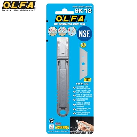 OLFA 日本工作安全刀NSF認證安全工作刀SK-12(可水洗,不易積水;整把不銹鋼;內建彈簧)食品刀可水洗刀