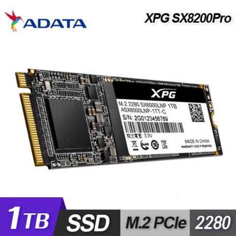 【ADATA 威剛】XPG SX8200Pro 1TB M.2 2280 PCIe SSD 固態硬碟讀3500M/寫3000M/TLC/五年保