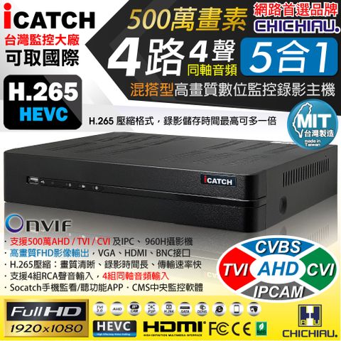 chichiau 奇巧 H.265 4路4聲 500萬 AHD TVI CVI 1080P台製iCATCH數位高清遠端監控錄影主機 支援5MP/4MP/1080P/720P/IPCAM/類比監視器攝影機