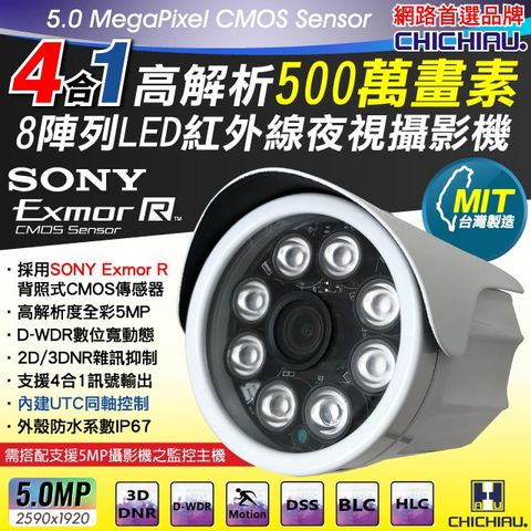 chichiau 奇巧 5MP AHD/TVI/CVI/CVBS 四合一 SONY 500萬畫素高清8陣列燈監視器攝影機