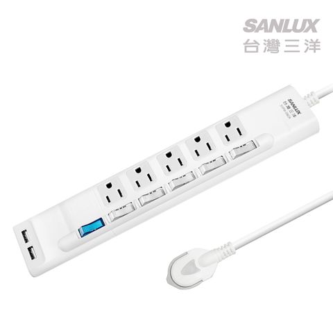 SANLUX 台灣三洋 三孔五座六切+2PORT USB三洋超安全USB轉接延長電源線-5座6切