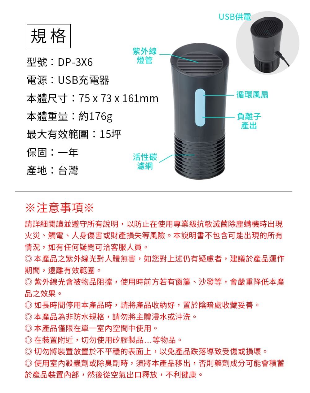 USB供電規格紫外線型號:DP3X6燈管電源:USB充電器本體尺寸:75 x 73 x 161mm-循環風扇本體重量:約176g-負離子產出最大有效範圍:15坪保固:一年活性碳濾網產地:台灣注意事項請詳細閱讀並遵守所有說明,以防止在使用專業級抗敏滅菌除塵螨機時出現火災、觸電、人身傷害或財產損失等風險。本說明書不包含可能出現的所有情況,如有任何疑問可洽客服人員。本產品之紫外線光對人體無害,如您對上述仍有疑慮者,建議於產品運作期間,遠離有效範圍。紫外線光會被物品阻擋,使用時前方若有窗簾、沙發等,會嚴重降低本產品之效果。如長時間停用本產品時,請將產品收納好,置於陰暗處收藏妥善。本產品為非防水規格,請勿將主體浸水或沖洗。本產品僅限在單一室內空間中使用。在裝置附近,切勿使用矽膠製品...等物品。◎切勿將裝置放置於不平穩的表面上,以免產品跌落導致受傷或損壞。◎使用室內殺蟲劑或除臭劑時,須將本產品移出,否則藥劑成分可能會積蓄於產品裝置內部,然後從空氣出口釋放,不利健康。