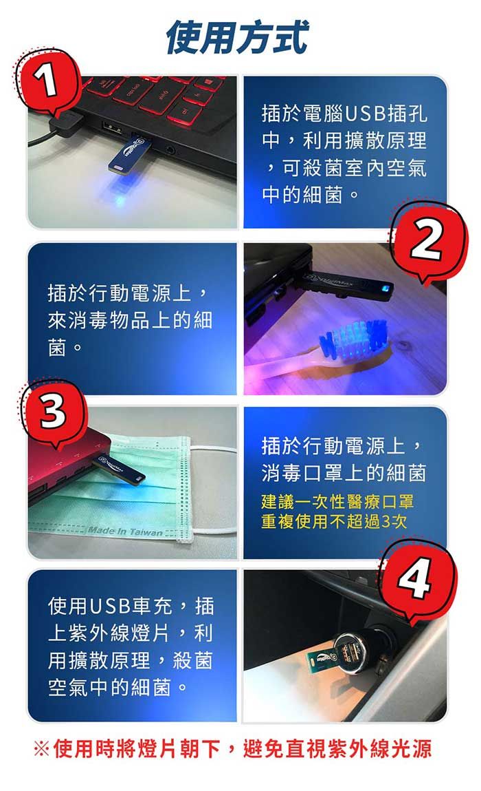 1使用方式插於電腦USB插孔中利用擴散原理插於行動電源上,來消毒物品上的細菌。3 Made In Taiwan ,可殺菌室內空氣中的細菌。2插於行動電源上,消毒口罩上的細菌建議一次性醫療口罩重複使用不超過3次4使用USB車充,插上紫外線燈片,利用擴散原理,殺菌空氣中的細菌。※使用時將燈片朝下,避免直視紫外線光源