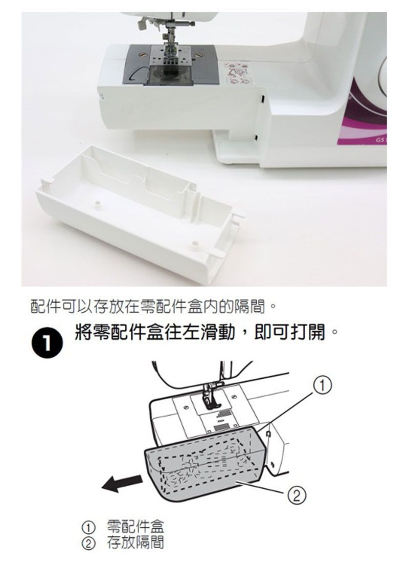 配件可以存放在零配件盒内的隔間。將零配件盒往左滑動,即可打開。1① 零配件盒② 存放隔間GS