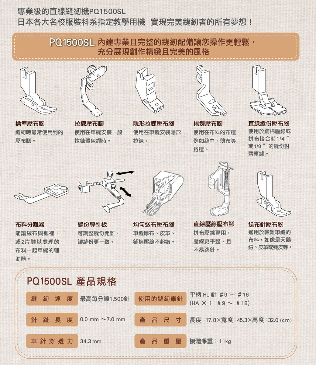 專業級的直線縫紉機PQ150SL日本各大名校服裝科系指定教學用機 實現完美縫紉者的所有夢想!PQ1500SL 內建專業且完整的縫紉配備讓您操作更輕鬆,充分展現創作精緻且完美的風格0標準壓布腳拉鍊壓布腳縫紉時最常使用到的壓布腳。使用在安裝一般拉鍊暨包繩時。隱形拉鍊壓布腳使用在車縫安裝隱形拉鍊。捲邊壓布腳使用在布料的布邊例如絲巾、薄布等捲邊。直線縫份壓布腳使用於鋪棉壓線或拼布接合時1/4或1/8的縫份對齊車縫。布料分離器能讓布與襯裡,或2片難以處理的布料一起車縫的輔助器。縫份導引板可調整縫份距離,讓縫份更一致。送布壓布腳車縫厚布、皮革、鋪棉壓線不起皺。直線壓線壓布腳拼布壓線專用,壓線更平整,且不易跳針。送布針壓布腳適用於較難車縫的布料,如像是天鵝絨、皮革或麂皮等。PQ1500SL 產品規格縫紉速度 最高每分鐘1,500針 使用的縫紉車針針趾長度 0.0 7.0mm 產品尺寸平柄 HL針 9~ #16(HA 1 #9~ #18)長度:17.8寬度:45.3×高度:32.0(cm)車針穿透力34.3 mm產品重量機體淨重:11kg