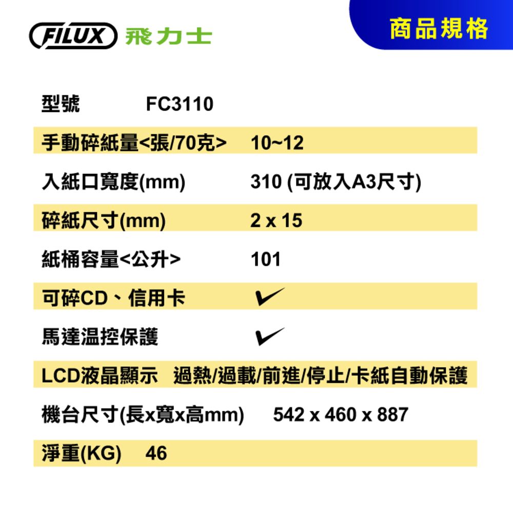 FILUX 飛力士商品規格型號FC3110手動碎紙量張/70克 10~12入紙口寬度(mm)310(可放入A3尺寸)碎紙尺寸(mm)紙桶容量公升2  15101可碎CD、信用卡馬達溫控保護LCD液晶顯示過熱/過載/前進/停止/卡紙自動保護機台尺寸(長x寬x高mm)淨重(KG) 46542x460x887