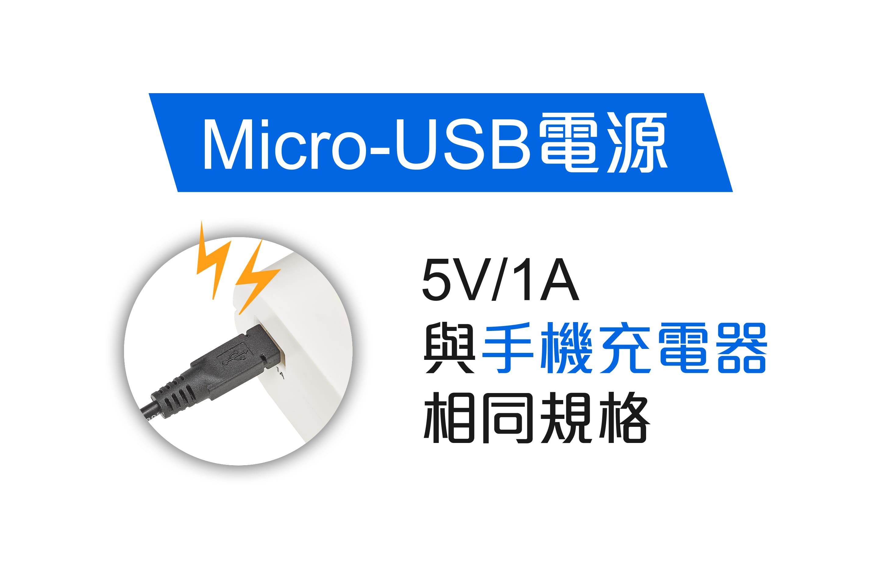 Micro-USB電源5V/1A與手機充電器相同規格