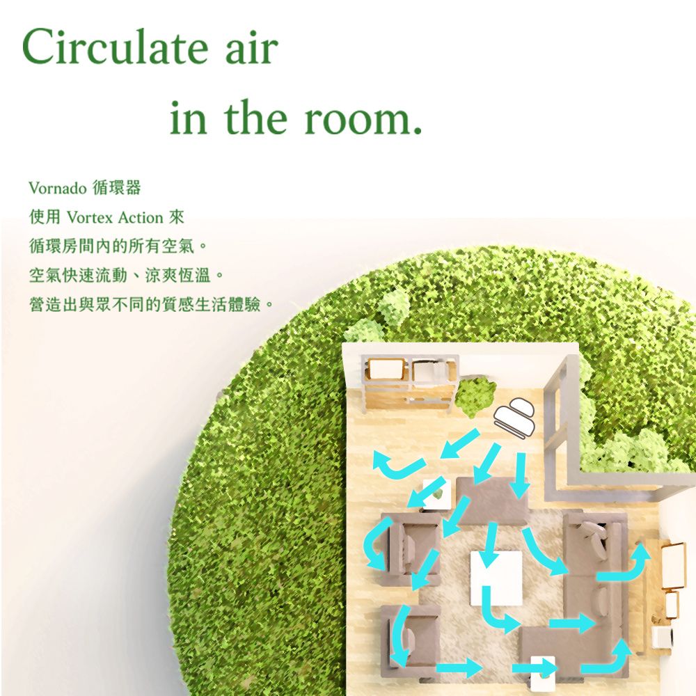 Circulate airVornado 循環器in the room.使用 Vortex Action 來循環房間內的所有空氣。空氣快速流動、涼爽恆溫。營造出與眾不同的質感生活體驗。