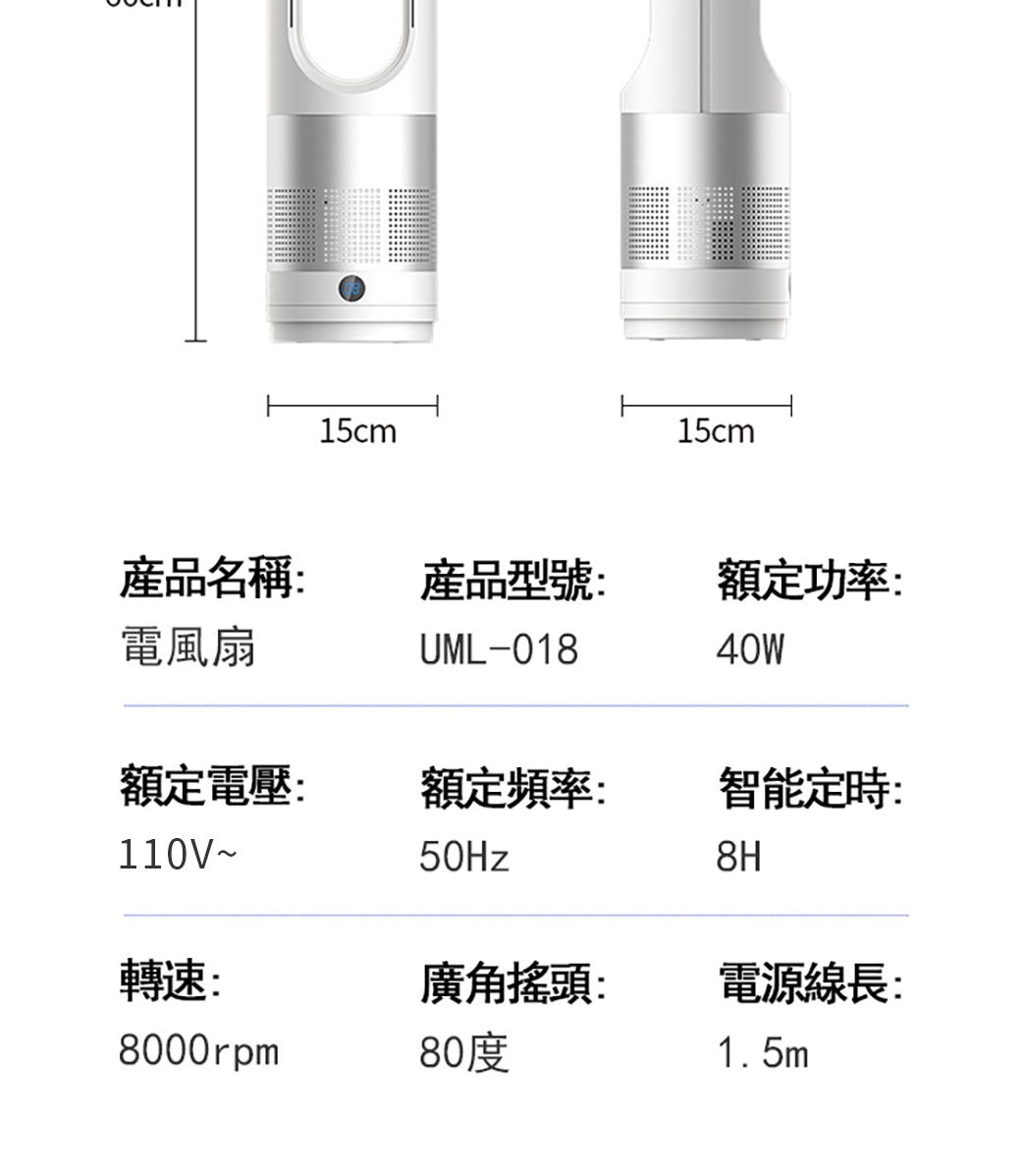 15cm15cm電風扇產品名稱: 產品型號:UML-018額定功率:40W額定電壓:額定頻率:智能定時:110V~50Hz8H轉速:廣角搖頭:電源線長:8000rpm80度1.5m