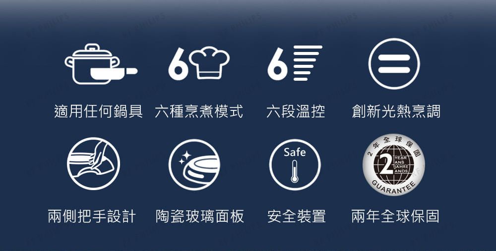 6適用任何鍋具 六種烹煮模式六段溫控 創新光熱烹調全球Safe2YEARANS保固GUARANTEE兩側把手設計 陶瓷玻璃面板安全裝置兩年全球保固