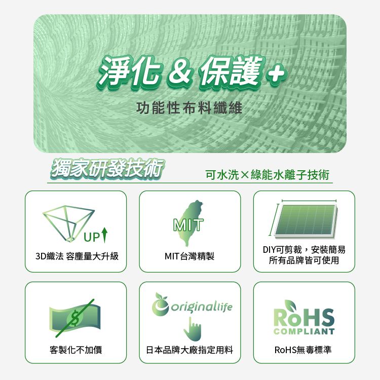 淨化&保護+功能性布料纖維獨家研發技術可水洗綠能水離子技術MIT3D織法 容塵量大升級MIT台灣精製originallifeDIY可剪裁,安裝簡易所有品牌皆可使用COMPLIANT客製化不加價日本品牌大廠指定用料RoHS無毒標準