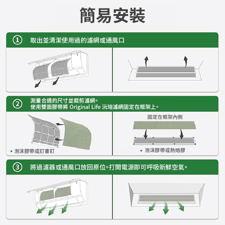簡易安裝 取出並清潔使用過的濾網或通風口測量合適的尺寸並裁剪濾網。(2使用雙面膠帶將 Original Life 沅瑢濾網固定在框架上。固定在框架內側泡沫膠帶或訂書釘泡沫膠帶或熱熔膠(3將過濾器或通風口放回原位。打開電源即可呼吸新鮮空氣。